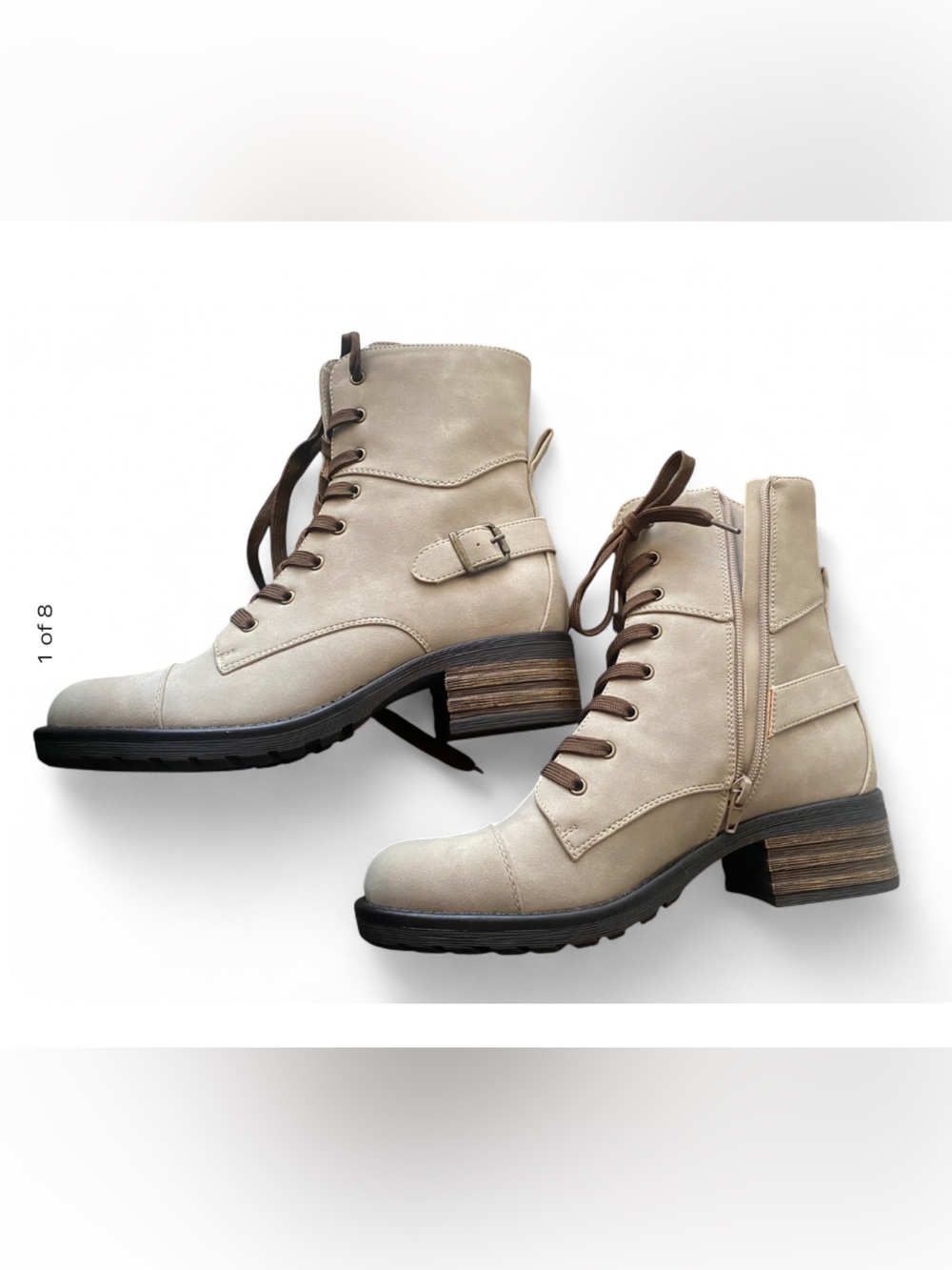 Brand New with BOX Beige/Gray Lace-Up Combat Ankle Boots with Side Zipper 8.5